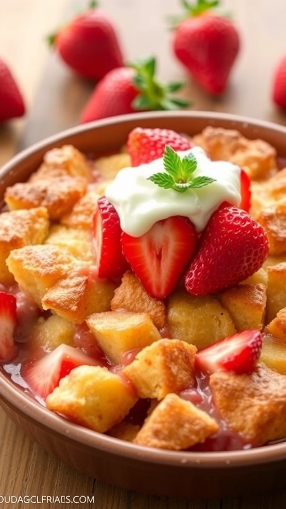 Strawberry Shortcake Bread Pudding Recipe A warm strawberry shortcake bread pudding topped with strawberries and whipped cream in a rustic dish.